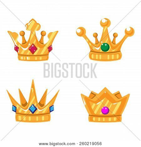 Set Of Gold Crown Icons With Gems. Collection Of Crown Awards For Winners, Champions, Leadership. Ve