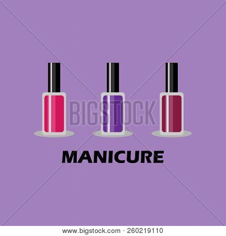 Vector Illustration. Set Of Color Nail Polish Isolated On Violet  Background Wih Manicure Lettering.
