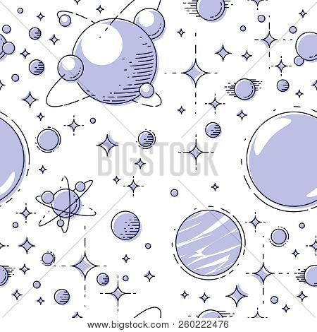 Space Seamless Background With Planets, Stars, Asteroids And Comets, Undiscovered Galaxy Cosmic Fant