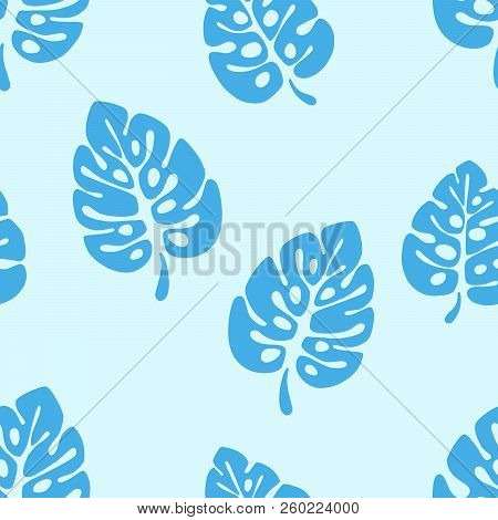 Summer Seamless Pattern - Blue Leaves Monstera Tropical Palm Tree. Vector Eps 10