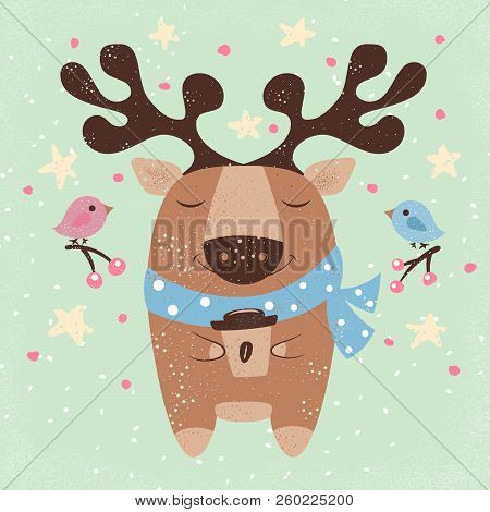 Cute Deer With Hot Coffee - Cartoon Illustration For Print T-shirt. Vector Eps 10