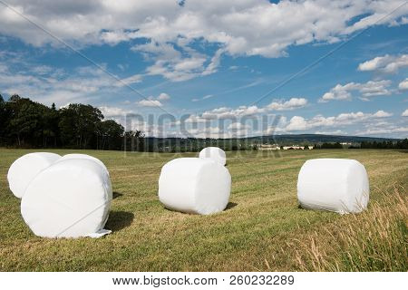 Wrapped Haystacks On Rural Field, Hamar, Hedmark, Norway