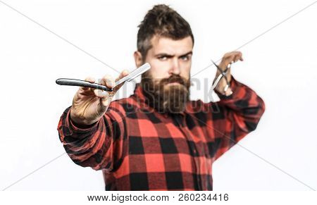 Barber Scissors And Straight Razor, Barbershop. Bearded Man, Long Beard, Brutal, Caucasian Hipster W