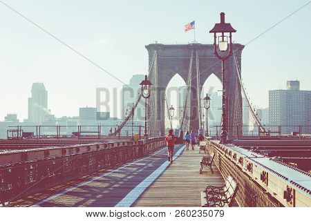 Vintage Color View Of Brooklyn Bridge With Detail Of Girders And Support Cables, Manhattan City Skyl