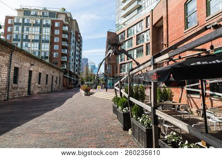 Toronto, Canada - September 18, 2018: Distillery District (former Gooderham & Worts Distillery) - Hi