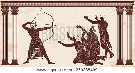 Mythological Story Of Homer. Odyssey Kills The Suitors Of Penilope. An Archer With Weapons In His Ha