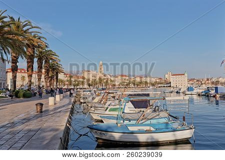 Split, Croatia - April 08 2018: Matejuska Old Port View Of The Historic City On A Sunny Day.