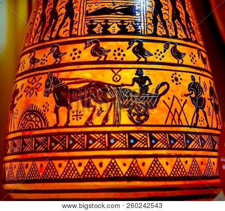 Athens, Greece - May 3, 2018 Greek Designs Ancient Replica Pottery Chariot Athens Greece