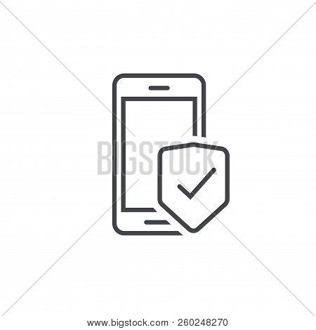 Mobile Phone Security Protection Vector Icon, Line Outline Art Smartphone Protected With Shield Sign