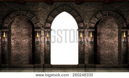 Medieval Castle Arches And Gate Isolated On White Background.3d Illustration.