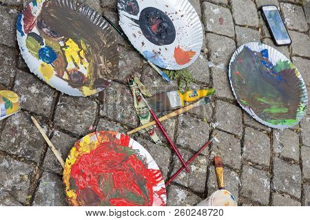 Acrylic Colours On Plate With Paining Brushes For Art Work. Colours Colored Colorful