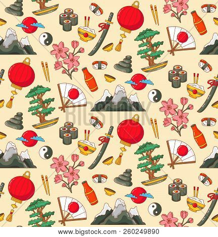 Japan Traditional Country Natioanal Symbols Doodle Colorful Icons Seamles Vector Pattern