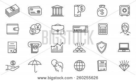 Thin Line Vector Online Business And Finance Icon Set. Flat Design Office And Management, Insurance 