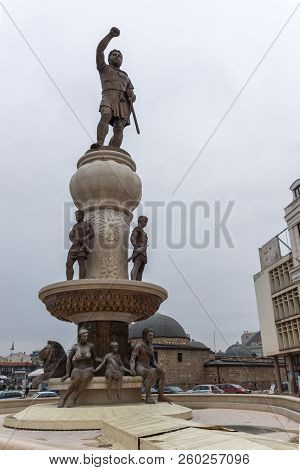 Skopje, Republic Of Macedonia - February 24, 2018: Philip Ii Of Macedon Monument In Skopje, Republic