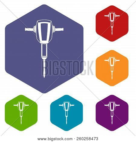 Pneumatic Plugger Hammer Icons Set Rhombus In Different Colors Isolated On White Background