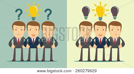 Leadership Concept With Crowd Of Businesspeople With Question Marks And Idea In The Open Heads. Stoc