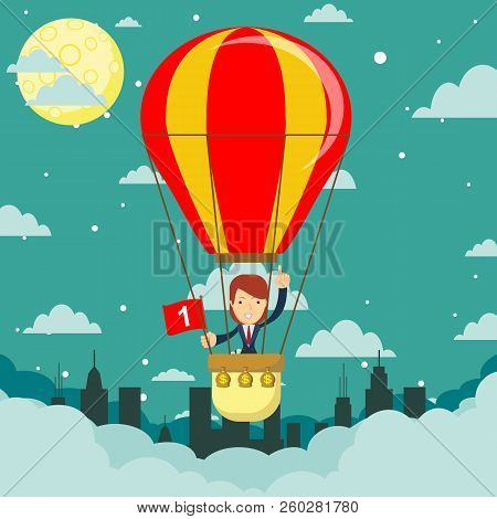 Businesswoman In Hot Air Balloon. Stock Flat Vector Illustration.