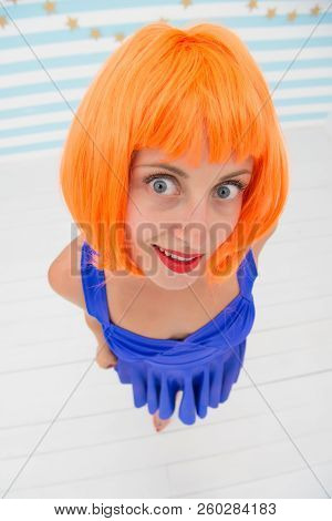 Crazy Girl Advertising Her Orange Hairstyle. Time For New Haircut. Hairstyle Advertising For Hairdre