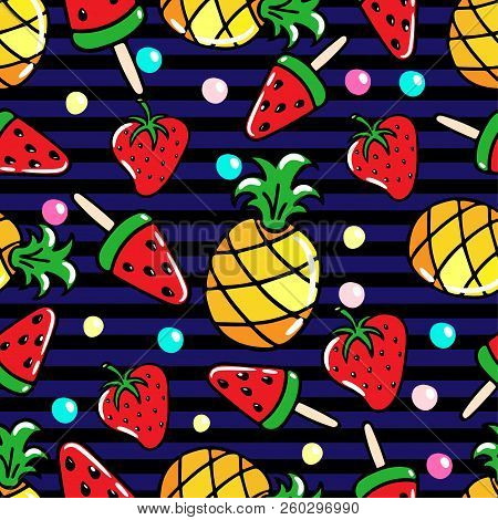Vector Seamless Pattern With Pineapples, Watermelons And Srawberries On A Striped Background