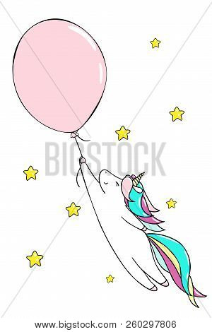 Cute Little Unicorn And Baloon. Vector Isolated Illustration