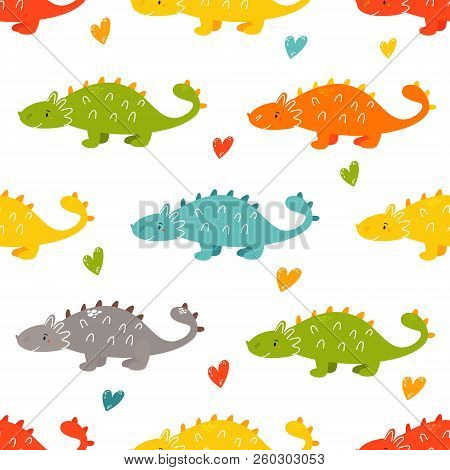 Brigt Seamless Pattern With Cute Hand Drawn Dinos