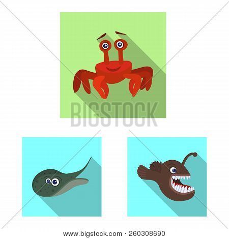 Vector Illustration Of Sea And Animal Symbol. Collection Of Sea And Marine Vector Icon For Stock.