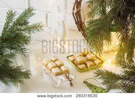 Christmas Cookies Ginger Cubes In Festive Decoration. Rustic Style.