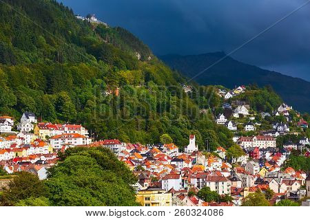 Bergen, Norway Panoramic Cityscape With Colorful Traditional Houses And Mount Floyen