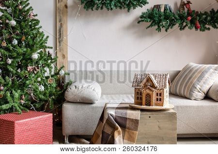 Xmas In Morning Living Room. Sofa Bed In Christmas Interior. Celebrate The New Year And Holidays. Ch