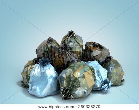 Close Up Of A Garbage Bags Stack 3d Render On Blue Background