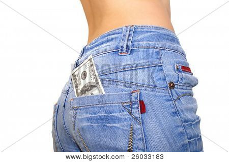 100 Dolar rachunki z tyłu kieszeni jeansów