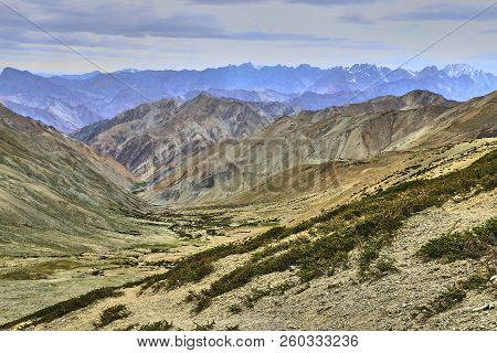 Beautiful Colorful Landscape Taken From A Gandala Pass In Himalaya Mountains In Ladakh, India.