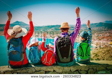 Happy Family With Kids Travel Together, Looking At Scenic View