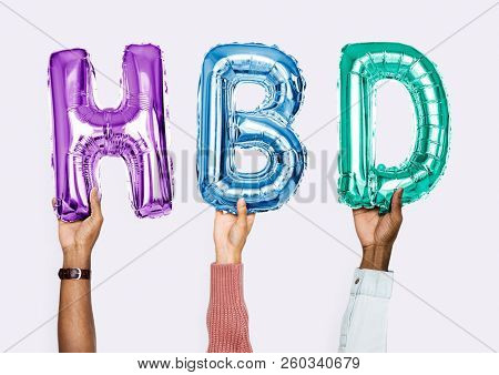 Colorful alphabet balloons forming the word HBD