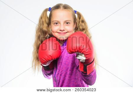 Self Defence Concept. Girl Boxer Knows How Defend Herself. Girl Child Strong With Boxing Gloves Posi