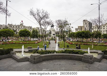 Lima, Peru - December 29, 2017: View At General Jose De San Martin Equestrian Statue In Lima, Peru. 