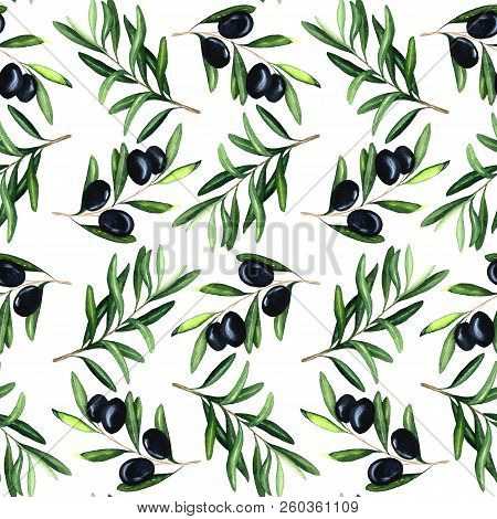 Watercolor Seamless Pattern With Black Olives And Braunches