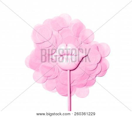 Creative Confetti Background With Pink Lips Isolated On White
