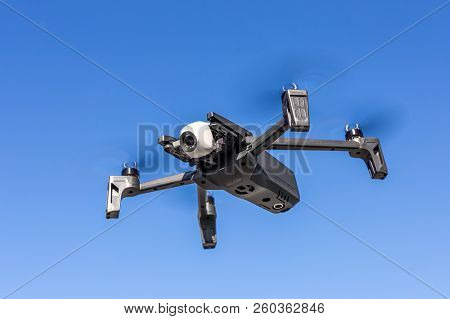 26th October 2018 - Kiev, Ukraine: New 2018 Parrot Anafi Drone Flying Against Blue Clear Sky On Back