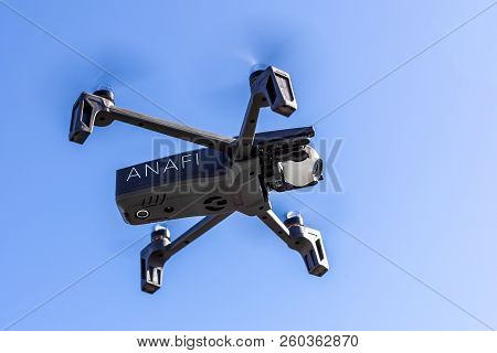 26th October 2018 - Kiev, Ukraine: New 2018 Parrot Anafi Drone Flying Against Blue Clear Sky On Back