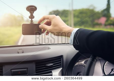 Installation And Setup Video Recorder Driving A Car On Highway