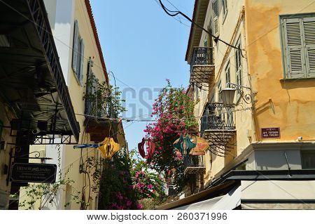 Shot Of The Upper Facades Of The Beautiful Nauplion Buildings. Architecture, Travel, Landscapes, Cruises. July 8, 2018. Nauplion Argolida Greece.