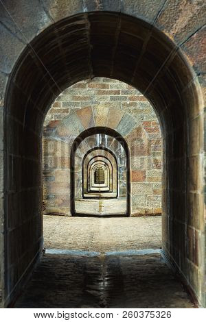 Background Of Arches On The Aqueduct In The Famous City Of Morlaix. Normandy, France