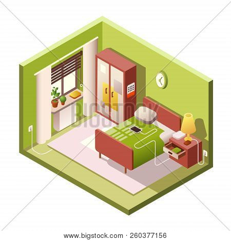 Bedroom Isometric Illustration Of Modern Small Room Interior With Furniture In Cross Section. Isomet