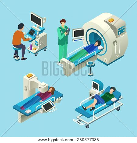 Mri Scanner Isometric Cartoon Illustration Of Doctor And Patients On Medical Mri Scanning Examinatio