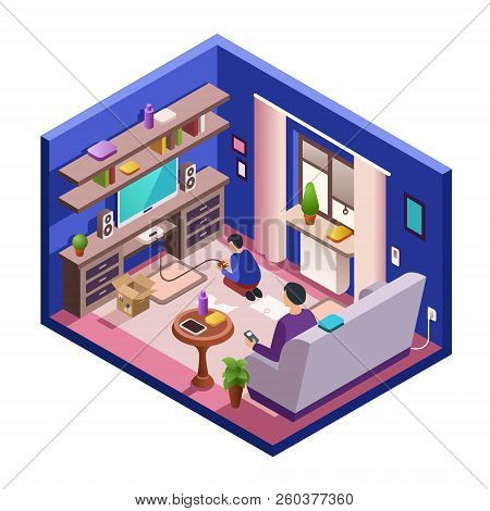 Isometric Living Room Interior Section With Father Watching Tv Sitting At Sofa, Son Playing Game Con