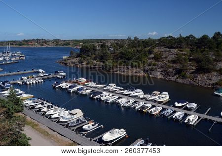Marina of the Norwegian fishing town Hvaler . June 19,2018. Hvaler,Norway