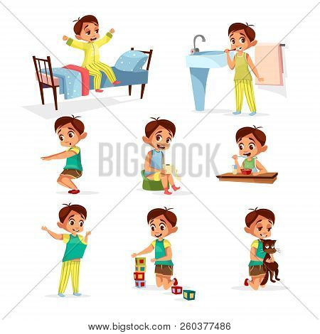 Cartoon Boy Daily Routine Activity Set. Male Character Wake Up, Stretch, Brushing Teeth Doing Gymnas