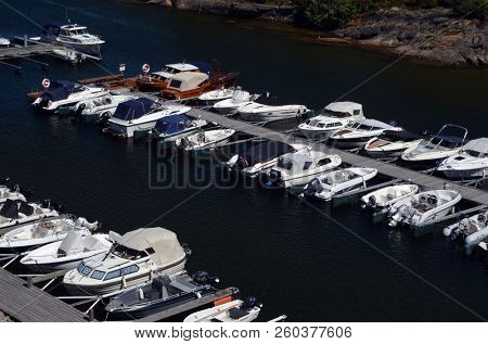 Marina of the Norwegian fishing town Hvaler . June 19,2018. Hvaler,Norway