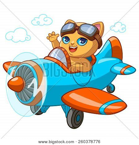 Kitty Pilot In Ariplane Cartoon Illustration For Kid Happy Birthday Greeting Card Or T-shirt Print D